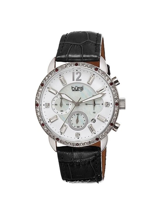 NWT Burgi Crystal Chronograph Black Leather Mother of Pearl Dial Ladies Watch